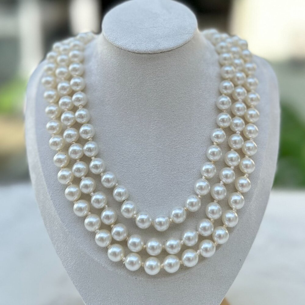 Faux Pearl Triple Strand Necklace With Gold Flower Clasp, Bridal Jewerlry, Gift